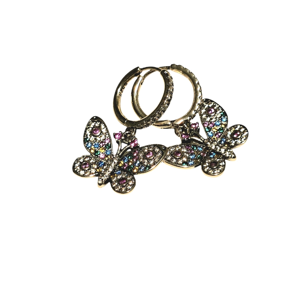 🎆Sterling Silver 925 Butterfly Dangle Earrings Multicolored Rhinestones